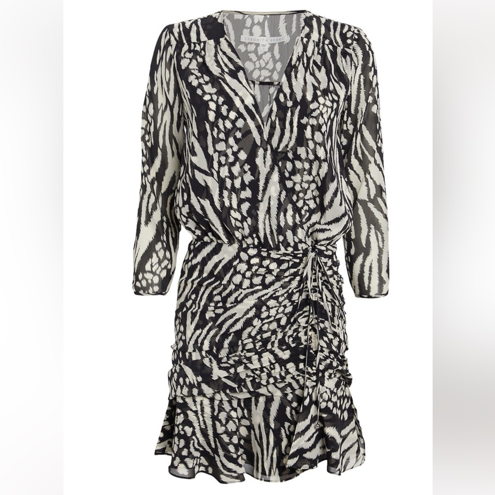 VERONICA BEARD Kiran Silk Animal Print Mini Dress. Size 2. Black & White